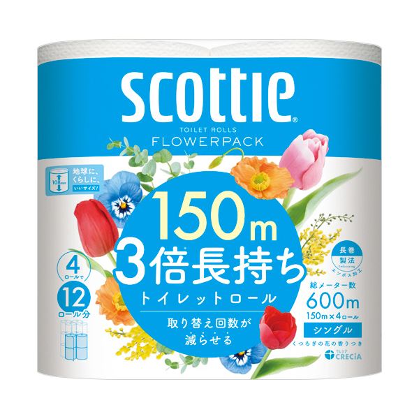 日本製 国産 紙クレシアスコッティ フラワーパック 3倍長持ち シングル 芯あり 150m 香り付き 1セット（48ロール：4ロール×12パック）