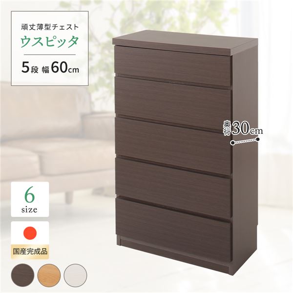 高い耐久性 頑丈 薄型チェスト タンス キャビネット /整理 収納 棚 【5段 幅60cm ダークブラウン木目調 】 奥行30cm 日本製 国産 『ウスピッタ』 【完成品】 茶 送料無料の通販は