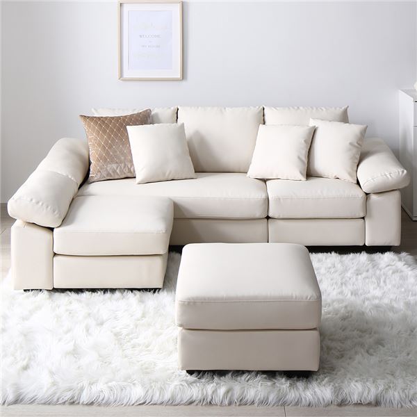 カウチソファ 〔 脚付き ロー脚6cm レザー アイボリー 〕 PVC生地