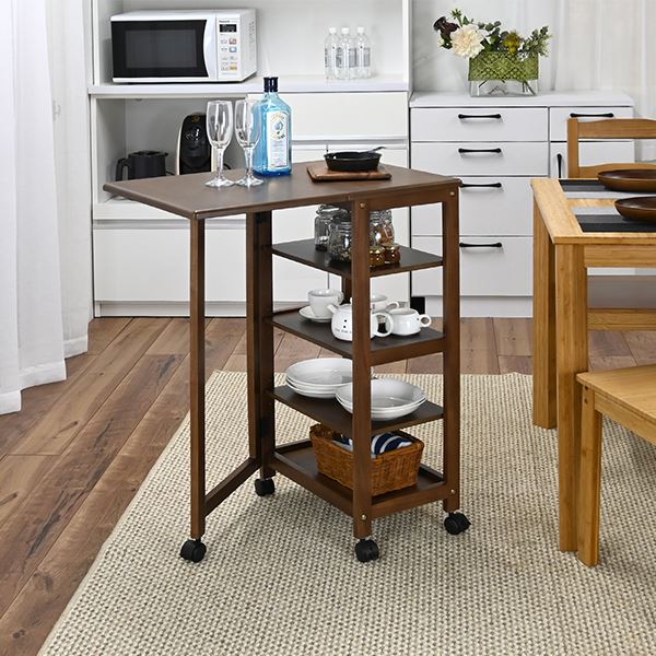 キッチン 台所 ワゴン 片バタワゴン 約高さ85cm ブラウン 3段階 高さ調節可 キャスター付 移動可能 車輪付き き キッチン 整理 収納 組立品 茶 送料無料の通販は