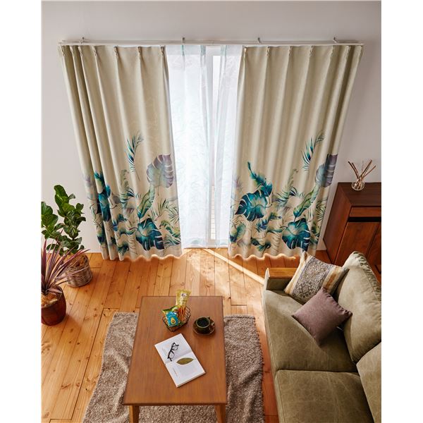 遮光カーテン 幅150cm×丈140cm リーフ柄 1枚 洗える ウォッシャブル 日本製 国産 アジャスターフック タッセル付き 3級 遮光 カーテン プランシェ GN 送料無料