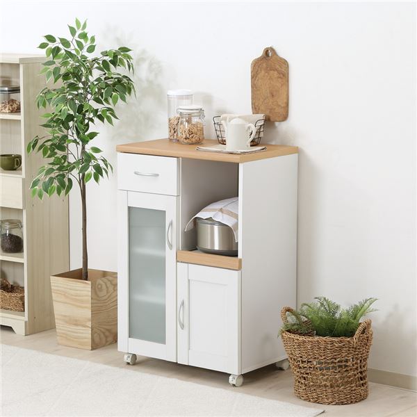 キッチン カウンター 約幅600mm ナチュラル×ホワイト コンセント付き キャスター付 移動可能 車輪付き き お客様組立品 ダイニング キッチン 台所 白 送料無料