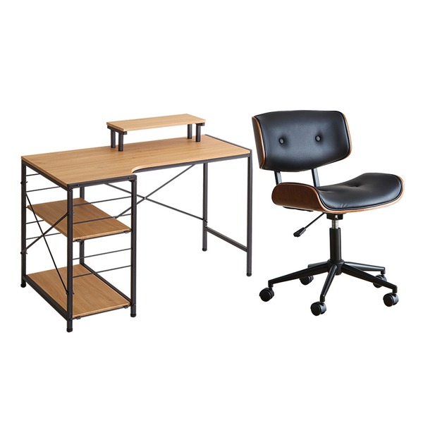 デスク (テーブル 机) チェア (イス 椅子) 2点セット パソコン PC デスク 約幅110cm シャビーオーク オフィス 事務用 チェア 2脚 ブラック 合皮 フェイクレザー キャスター付 移動可能 車輪付き き リビング 黒 送料無料の通販は