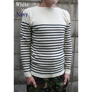 フランス海軍 パネルボーダー セーター 104 (L) オフホワイト×ネイビー ウール混 仏軍 レプリカ ミリタリーウェア 白
