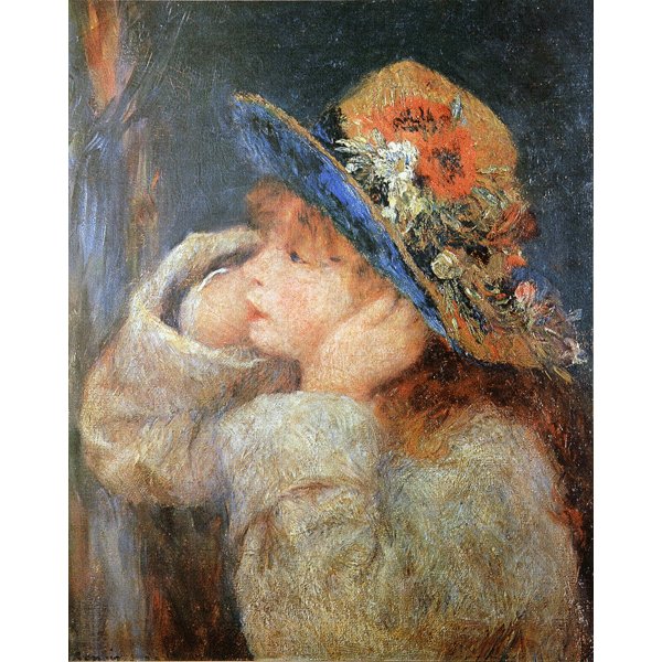 世界の名画シリーズ、プリハード複製画 ピエール・オーギュスト・ルノアール作 「野の花の帽子をかぶった少女」(額縁付)