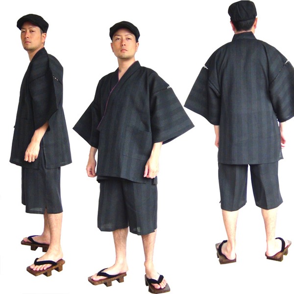 纏 まとい 織 甚平 ジンベイ キングサイズ 4L ブラック 綿100％ 耐久性 通気性 吸汗性 部屋着 ルームウェア 寝巻 パジャマ 黒