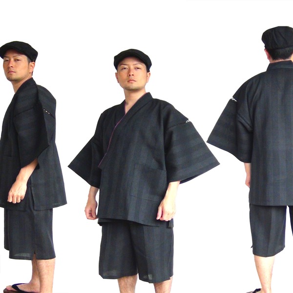 纏 まとい 織 甚平 ジンベイ LL ブラック 綿100％ 耐久性 通気性 吸汗性 部屋着 ルームウェア 寝巻 寝間着 パジャマ 黒