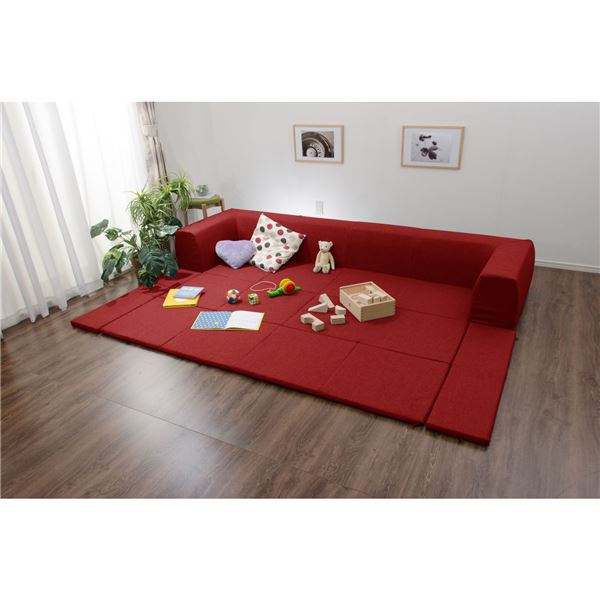 フロアソファ 低い フロアタイプ ローソファ ロータイプ ー 【折りたたみフロアマット付き Lサイズ レッド】 約幅250cm 洗える ウォッシャブル カバー付き 日本製 国産 〔リビング〕 赤