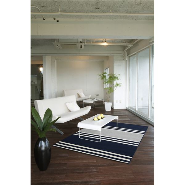ラグマット じゅうたん カーペット 敷き物 【130cm×190cm ネイビー】 長方形 フレンチボーダー柄 日本製 国産 マイナス6℃冷たいクールエコ2ラグ 『NEXTHOME』 送料無料の通販は