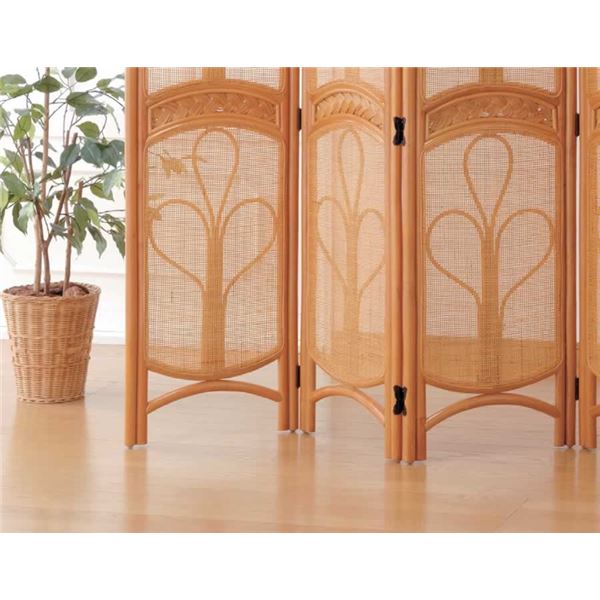 美品　和モダン　衝立　バナナリーフ　木製　3連パーテーション　ラタン 150 家具・インテリア 美品 和モダン 衝立 バナナリーフ 木製 3連