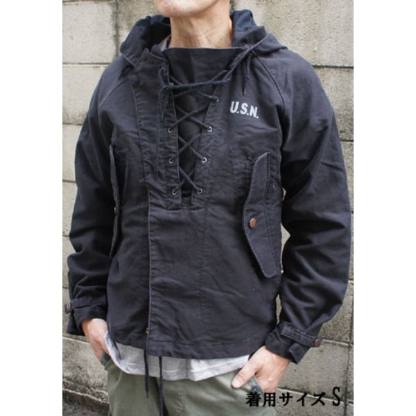 アメリカ 海軍 ウェット ウェザー パーカー ジャケット Sサイズ ブラック 綿100％ 撥水 米軍 レプリカ ミリタリーウェア 軍モノ 黒