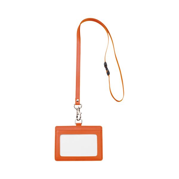 （まとめ） TANOSEE 合皮 フェイクレザー 製ネームカードホルダー ヨコ型 ストラップ付 オレンジ 1個 【×10セット】