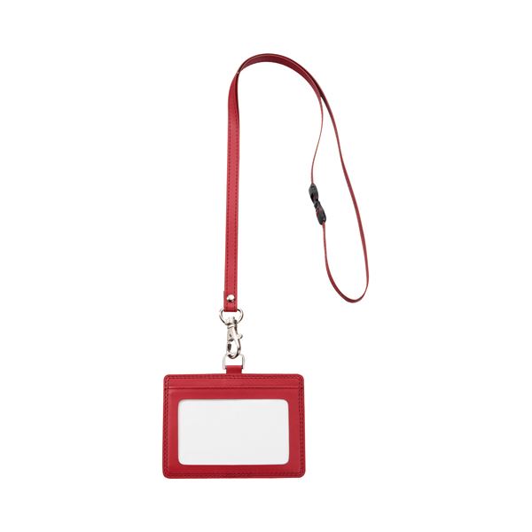 （まとめ） TANOSEE 合皮 フェイクレザー 製ネームカードホルダー ヨコ型 ストラップ付 ワインレッド 1個 【×10セット】 赤