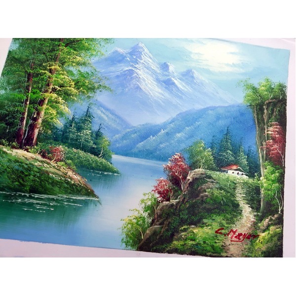 風景油絵 〕 黒いフレーム 自然画 メイヤー油絵額 F6号サイズ 紘黒額