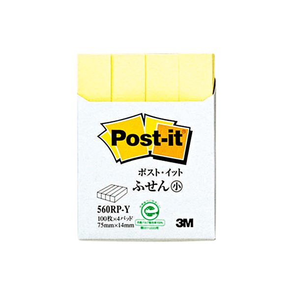 (まとめ) 3M ポストイット ふせん小 再生紙スタンダードカラー 75×14mm イエロー 560RP-Y 1パック（4冊） 【×30セット】 黄