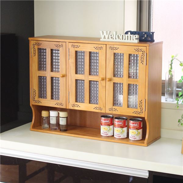 カウンター上整理 収納 調味料入れ 幅68cm リーフ柄 ライトブラウン 上置き 引き戸 整理 収納 棚 両面開閉 木製 キッチン 台所 完成品 茶 送料無料の通販は 16,813円