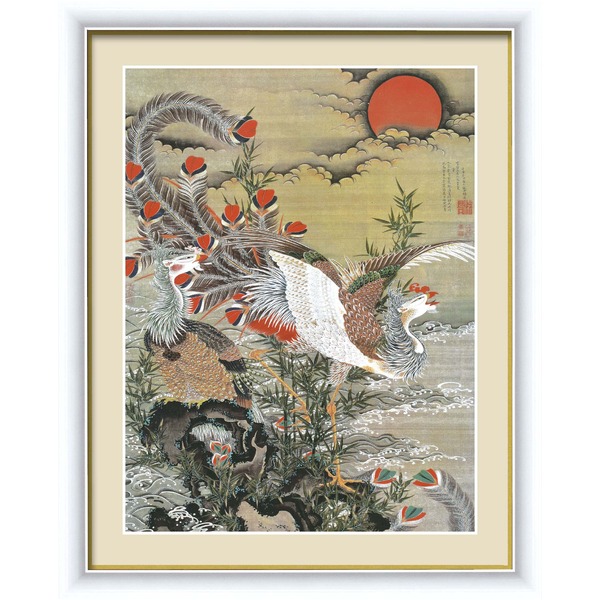 伊藤若冲 額装品 白 〔 F6号 旭日鳳凰図 〕 若冲 鳳凰 旭日 動植綵絵額 群鶏 白鳳 鶏 煌めく若冲の鳳凰、輝く旭日の輝き 群鶏と白鳳が舞い踊る、伊藤若冲の額装品（白）F6号 美しさに魅了される動植綵絵額 送料無料の通販は