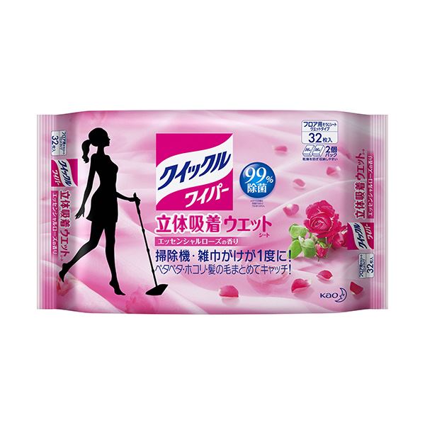 花王 クイックルワイパー立体吸着ウエットシート エッセンシャルローズの香り 1セット(96枚:32枚×3パック) 芳醇なローズの香りで除菌・消臭しながら、お掃除を楽しむ立体吸着ウエットシート96枚セット 送料無料の通販は