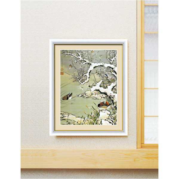 ☆伊藤伊八☆「 冬景色 (仮）」油絵　F6号 伊藤若冲 額装品 白 〔 F6号 雪中遊禽図 〕 若冲 鳳凰 旭日 動植