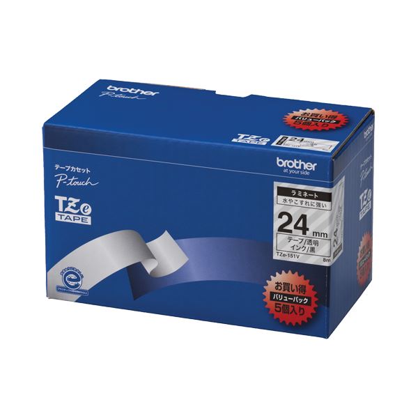 (まとめ）ブラザー BROTHER ピータッチ TZeテープ ラミネートテープ 24mm 透明/黒文字 業務用パック TZE-151V 1パック(5個)【×3セット】 送料無料
