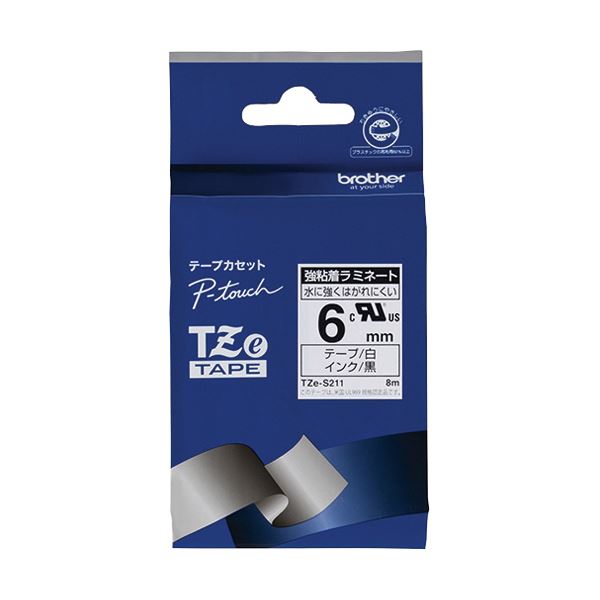 (まとめ) ブラザー ピータッチ TZeテープ強粘着ラミネートテープ 6mm 白/黒文字 TZE-S211 1個 【×10セット】 送料無料