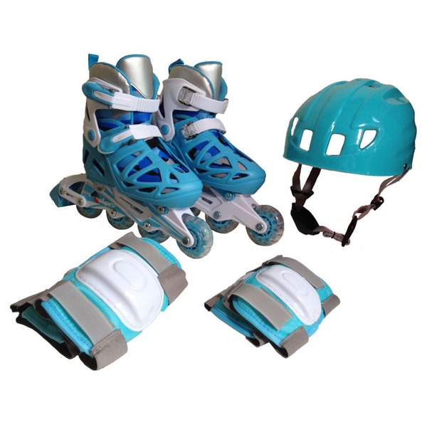 ジュニア用 インラインスケート 4点セット 【L 20〜23cm ライトブルー】 青