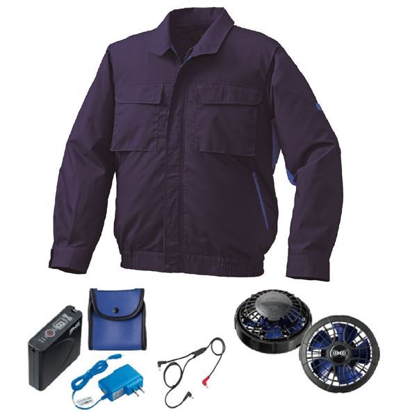 KU91910 空調服 R 綿・ポリ混紡 脇下マチ付きII FAN2400SPBB・RD9261・LISUPER1セット ネイビー×ブルー 5L 青 送料無料