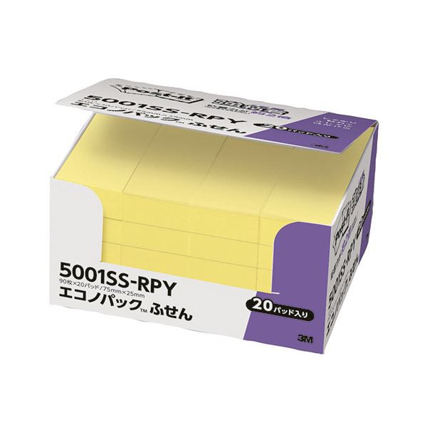 (まとめ) 3M ポストイット エコノパック 強粘着ふせん 75×25mm イエロー 5001SS-RPY 1パック（20冊） 【×5セット】 黄 送料無料の通販は