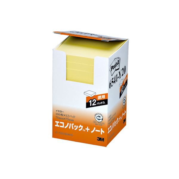 (まとめ) 3M ポストイット エコノパック ノート 再生紙 75×75mm イエロー 6541-Y20 1パック（12冊） 【×5セット】 黄 送料無料