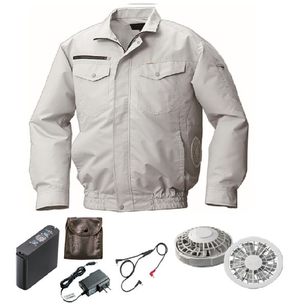 KU92030 空調服 R 綿・ポリ混紡 横ファン FAN2200G・CBB500ロングケーブル 配線 ・LIPRO2セット シルバー 4L 送料無料