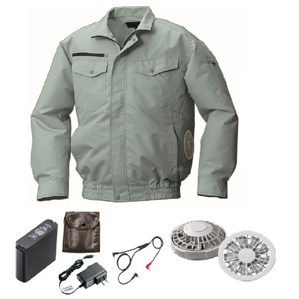 KU92030 空調服 R 綿・ポリ混紡 横ファン FAN2200G・CBB500ロングケーブル 配線 ・LIPRO2セット モスグリーン 3L 緑 送料無料