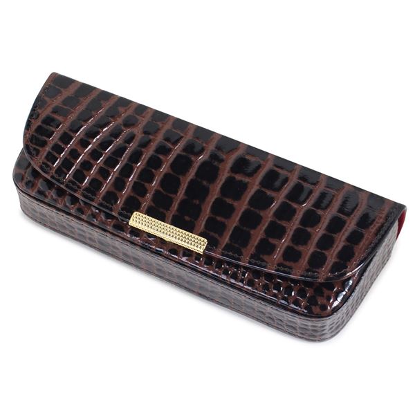 日本製 国産 牛革（型押し） ホック式 鼻あて付き メガネケース ブラウン FG-8-1 茶