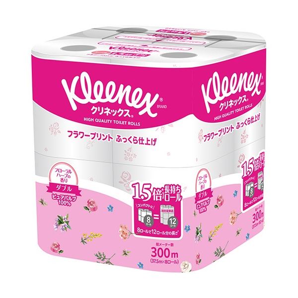 日本製 国産 紙クレシア クリネックス コンパクト フラワープリント ダブル 芯あり 37.5m 香り付き 1セット(64ロール：8ロール×8パック)