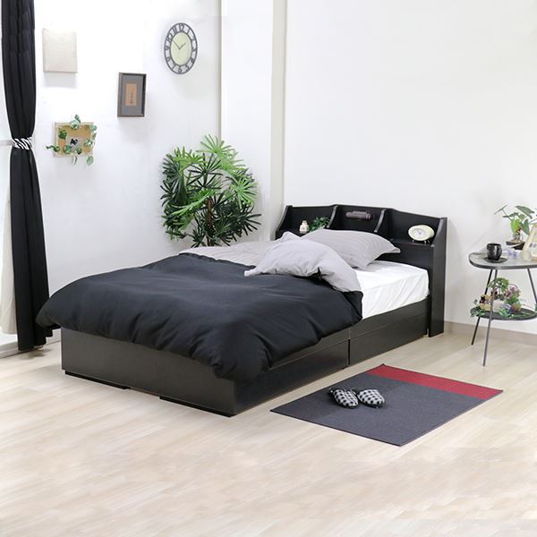 セミダブルベッド マットレス付き 収納/コンセント/宮棚 ブラック