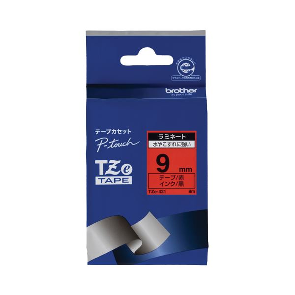 (まとめ) ブラザー BROTHER ピータッチ TZeテープ ラミネートテープ 9mm 赤／黒文字 TZE-421 1個 【×10セット】 送料無料
