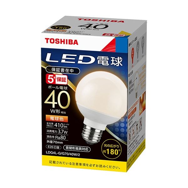(まとめ) 東芝ライテック LED電球 ボール電球形 E26口金 3.7W 電球色 LDG4L-G/G70/40W/2 1個 【×5セット】 送料無料