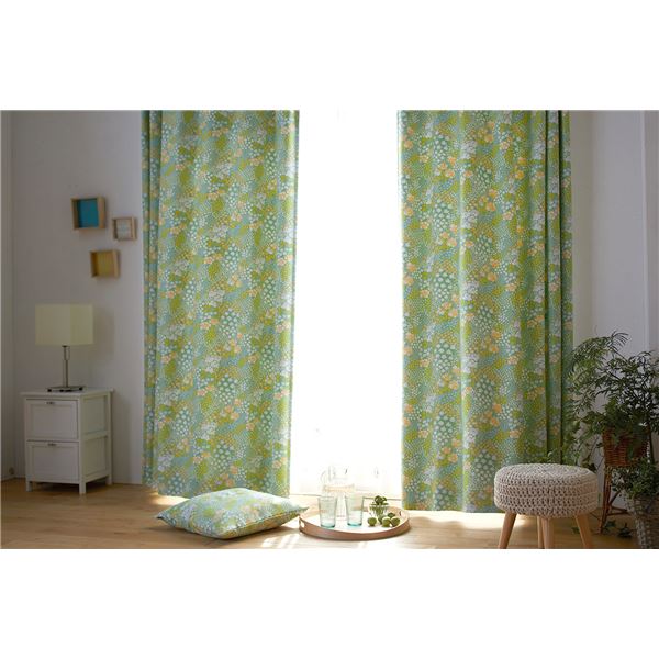 遮光 カーテン 約幅100×丈200cm オハナバタケ ライトグリーン 1枚入 2級遮光 タッセル付 形状記憶加工 日本製 国産 デザインライフ 緑 送料無料の通販は 5,442円