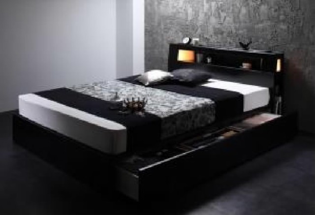 シングルベッド 黒 整理 収納付き ベッド プレミアムボンネルコイル