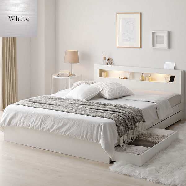 単品 ベッド セミダブル ベッドフレームのみ ホワイト 照明付き 収納