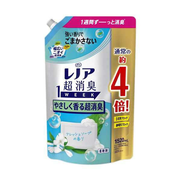 （まとめ） P＆Gレノア 超消臭1week やさしく香る超消臭フレッシュソープの香り つめかえ用 超特大 1520ml 1個 【×5セット】 送料無料