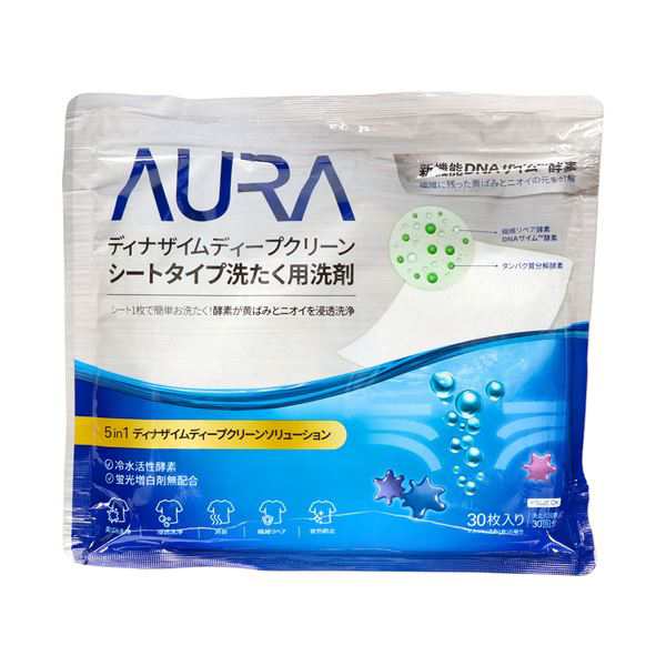 （まとめ） トイレタリージャパンインク AURA ディナザイムディープクリーン シートタイプ洗たく用洗剤 1パック（30枚） 【×10セット】