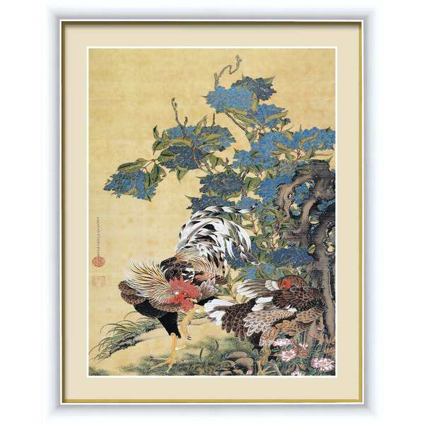 【若冲 鳳凰 旭日】【動植綵絵額】群鶏・白鳳・鶏■伊藤若冲 額装品（白）F4号 紫陽花双鶏図 若冲の華麗なる羽ばたき - 絢爛なる鳳凰と輝