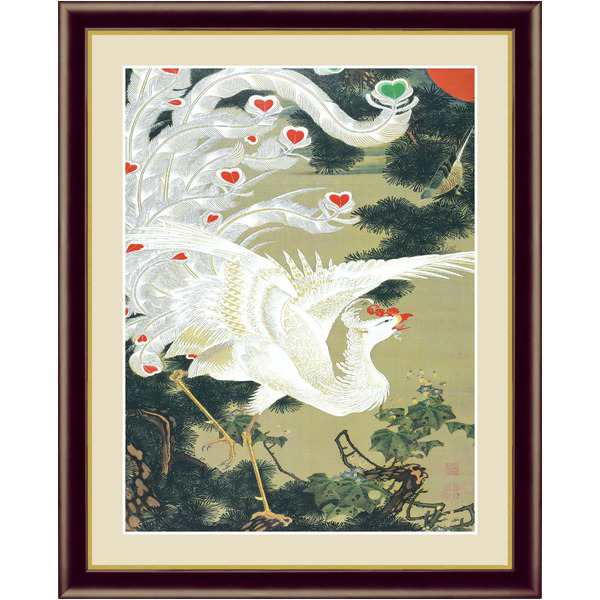 【若冲 鳳凰 旭日】【動植綵絵額】群鶏・白鳳・鶏■伊藤若冲 額装品（茶）F6号 老松白鳳図 送料無料