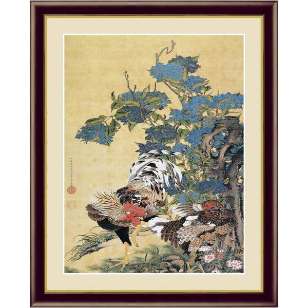 【若冲 鳳凰 旭日】【動植綵絵額】群鶏・白鳳・鶏■伊藤若冲 額装品（茶）F6号 紫陽花双鶏図 若冲の華麗なる羽ばたき - 絢爛なる鳳凰と輝