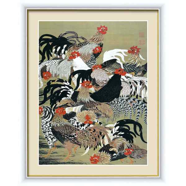 【若冲 鳳凰 旭日】【動植綵絵額】群鶏・白鳳・鶏■伊藤若冲 額装品（白）F6号 群鶏図 送料無料