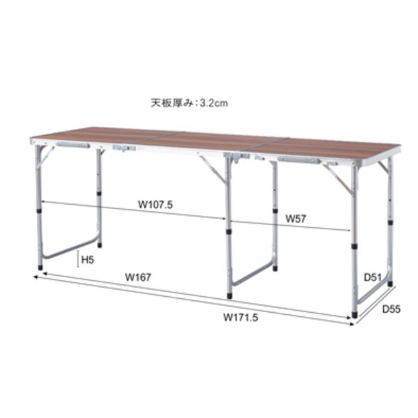 折りたたみテーブル 机 幅180×奥行60×高さ54/62/70cm ワイド 3段階 高さ調節可 フォールディングテーブル 組立品 アウトドア 送料無料