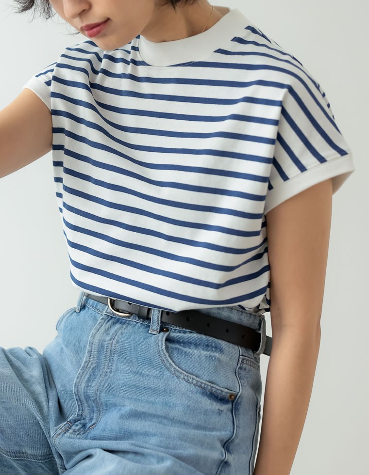 モックネックフレンチスリーブボーダーTシャツ