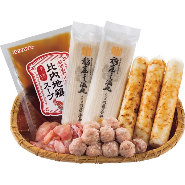 【送料無料】比内地鶏　きりたんぽ鍋と佐藤養助稲庭うどんセット（２～３人前）【ギフト館】