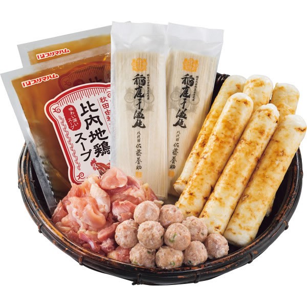 【送料無料】比内地鶏　きりたんぽ鍋と佐藤養助稲庭うどんセット（３～４人前）【ギフト館】