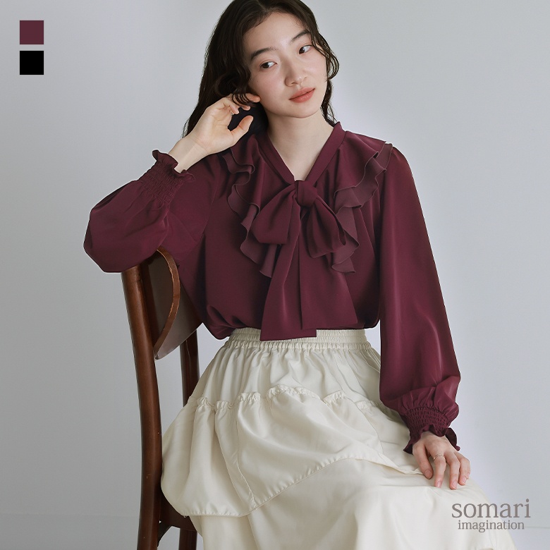 somari imaginationボウタイ付きラッフルフリルブラウス